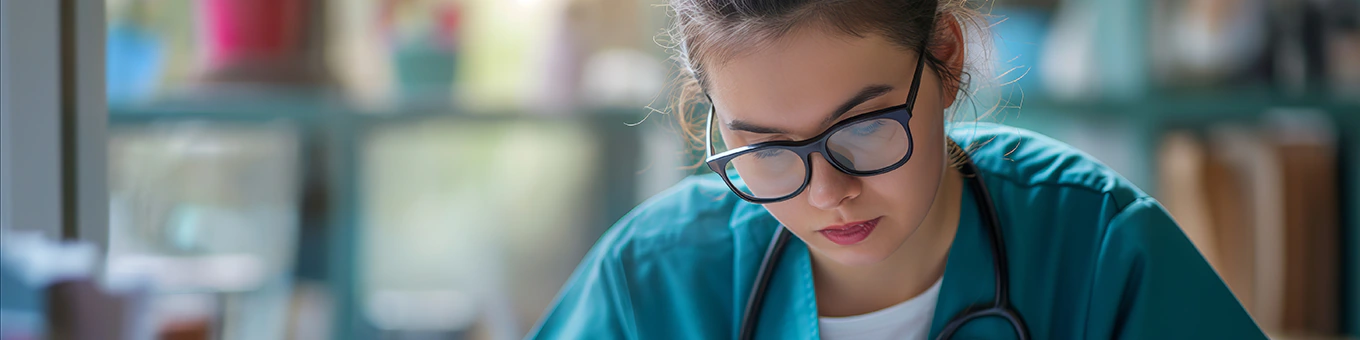 Krankenschwester sitzt am Schreibtisch und liest ein Buch.