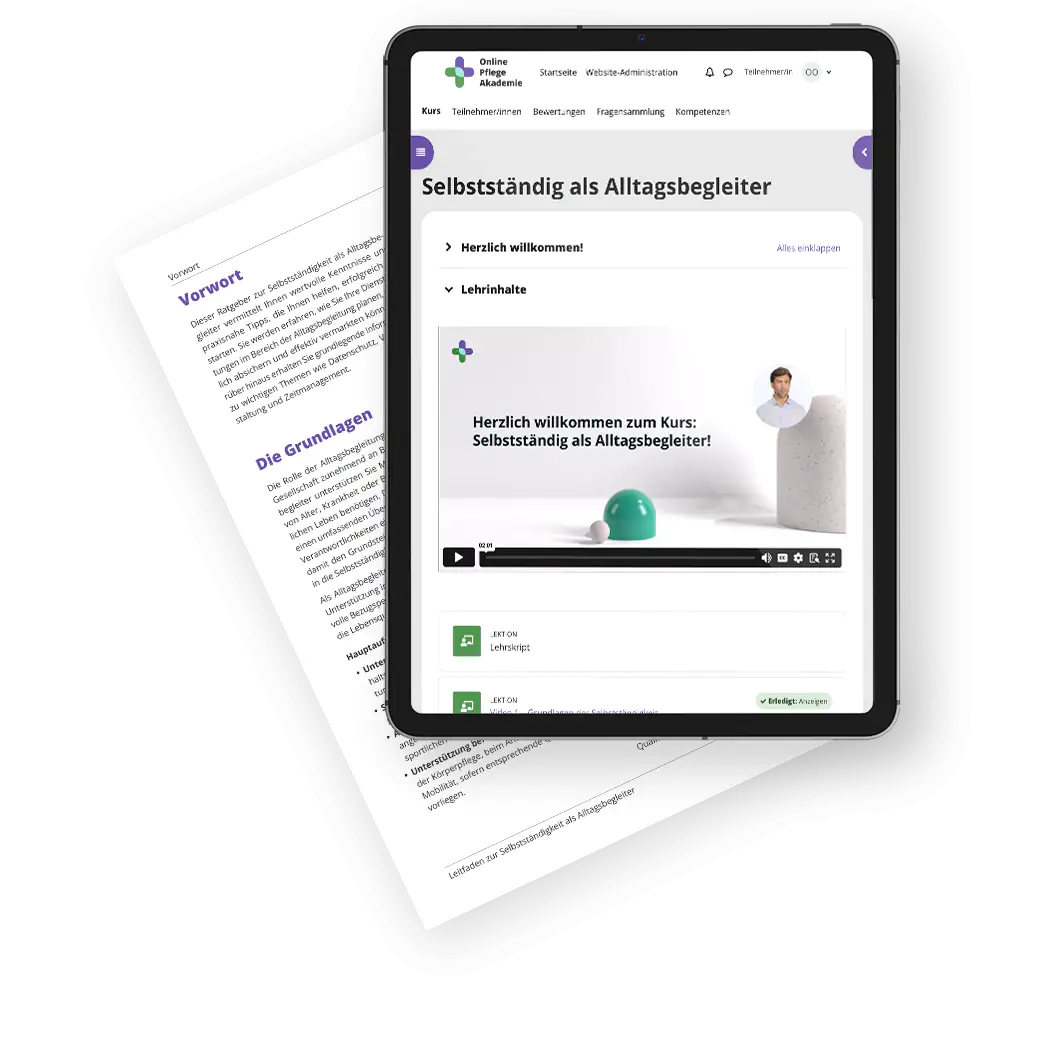 Tablet mit Online-Kurs "Selbstständig als Alltagsbegleiter" neben gedrucktem Lehrmaterial.